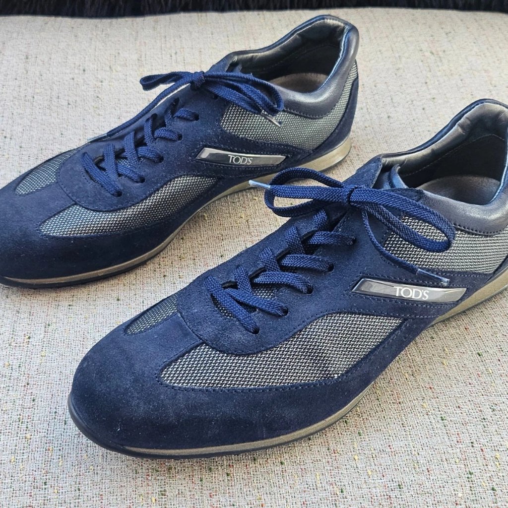 Tods Men Shoes Blue Suede Leather Upper Lace Up Sneaker Made Italy Size 8.5